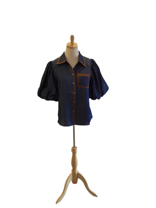 THML denim button up top with puff sleeve