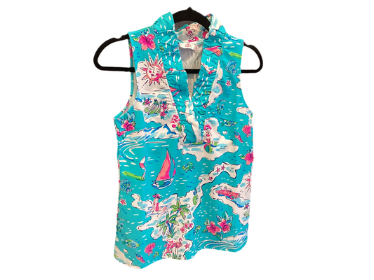 Aryeh sky blue tropical print sleeveless ruffle neck top