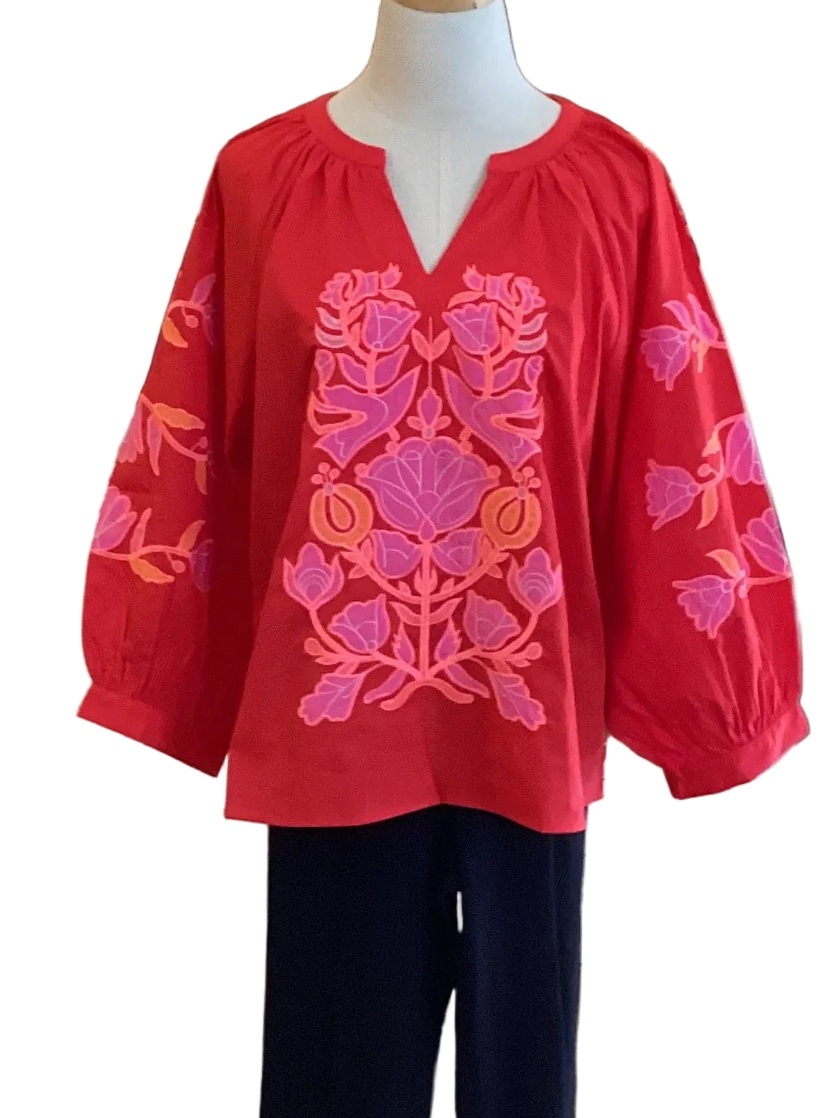 Jodifl red long sleeve top with pink/orange applique