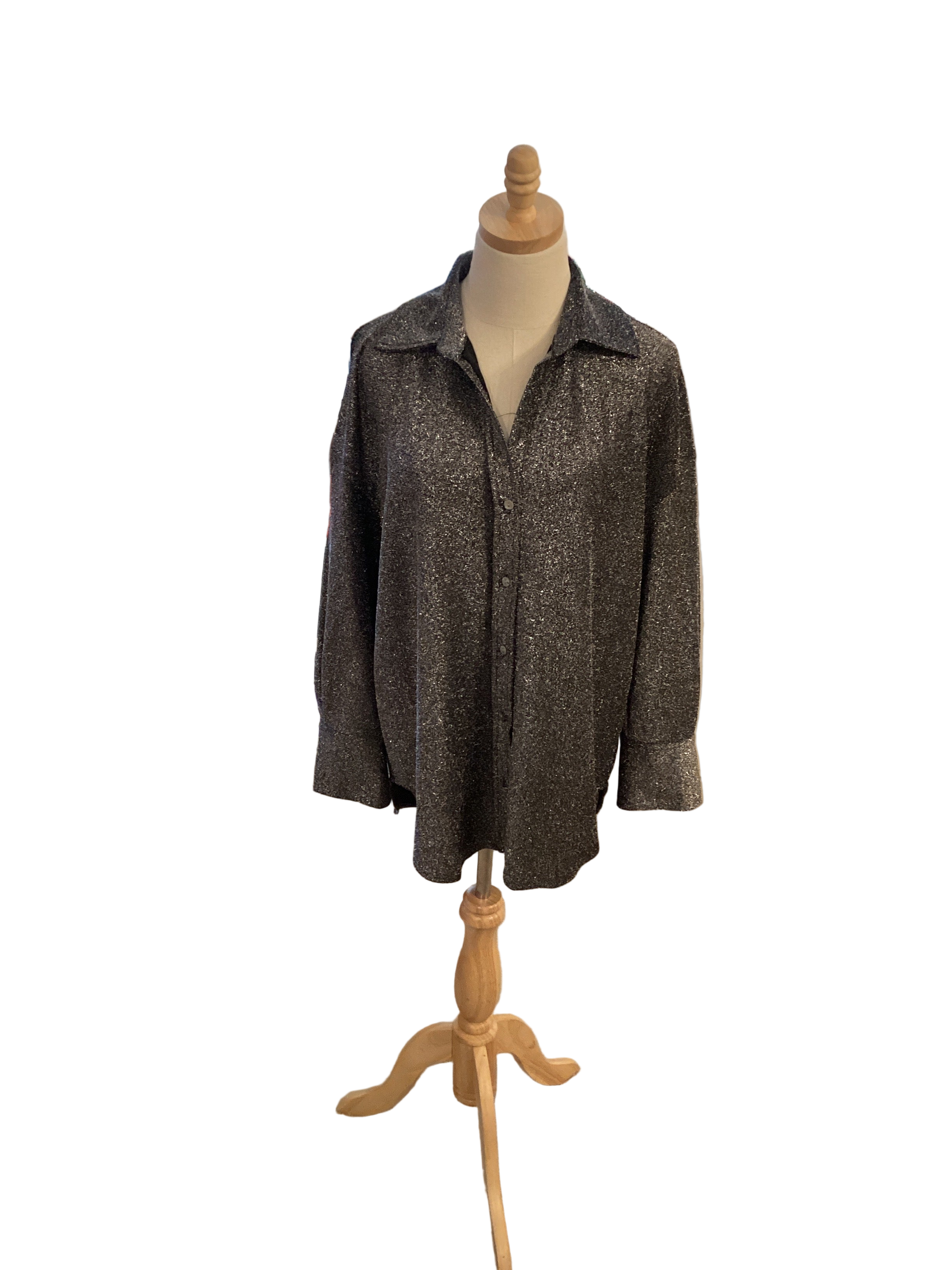 Glam metallic silver long sleeve button up top