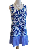 Shewin Blue Floral Sleeveless Dress with Striped Ruffle Hem