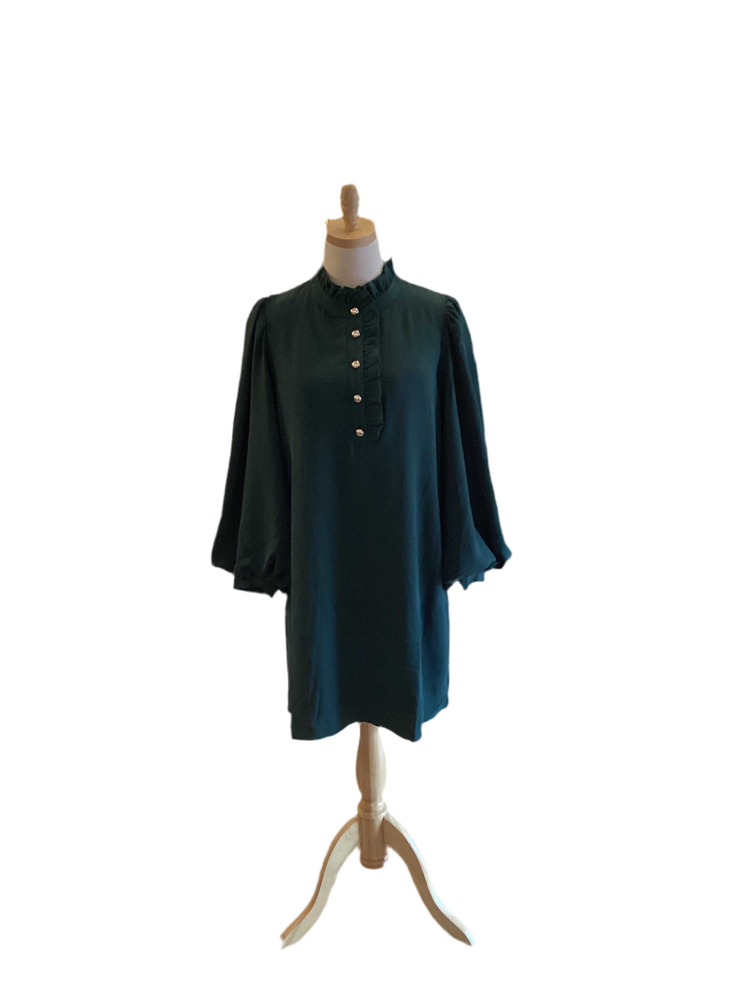 Jodifl hunter green long puff sleeve dress with gold accent buttons