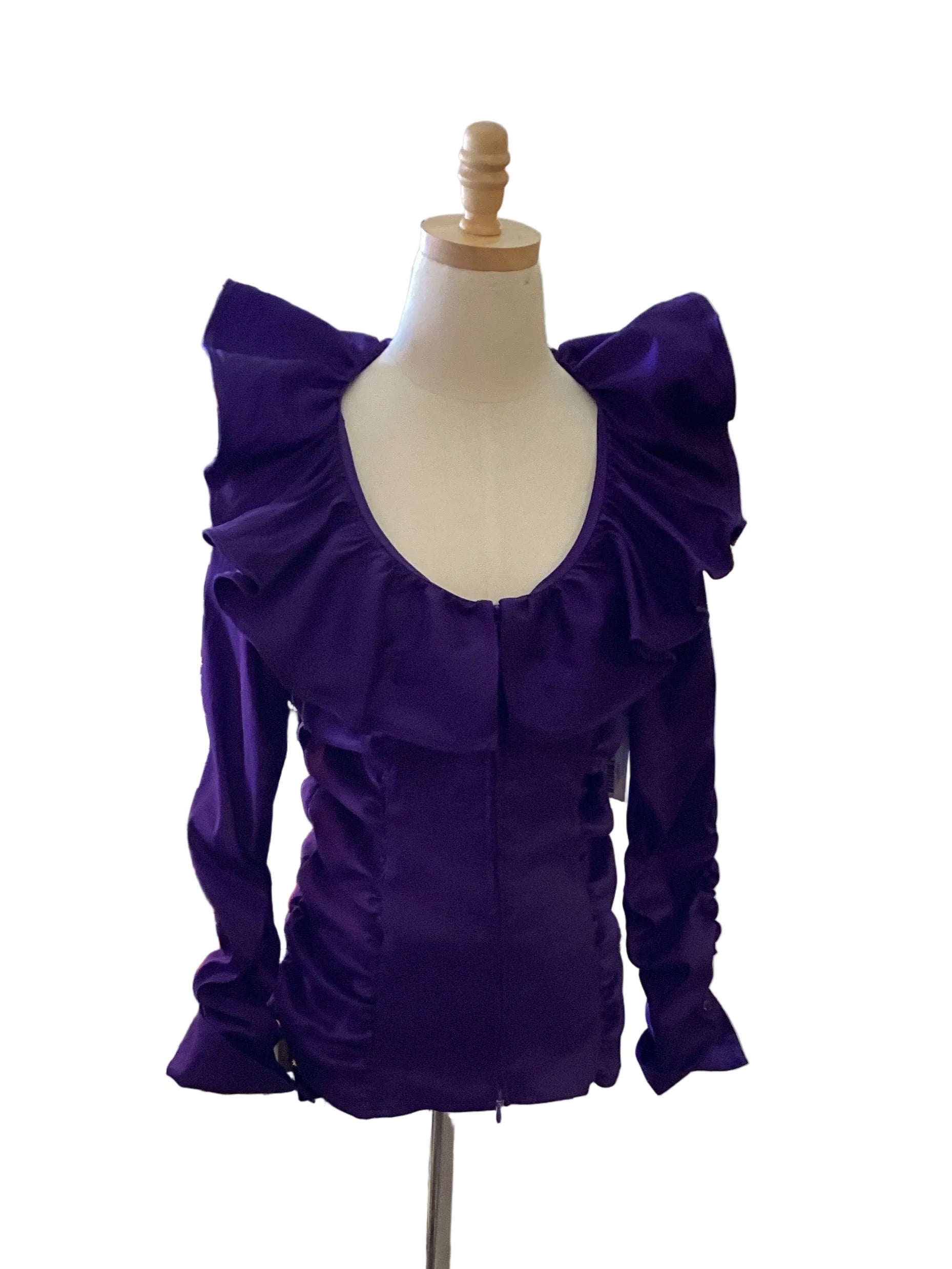 Joseph Ribkoff purple scoop neck front zip top with side and sleeve gathers.