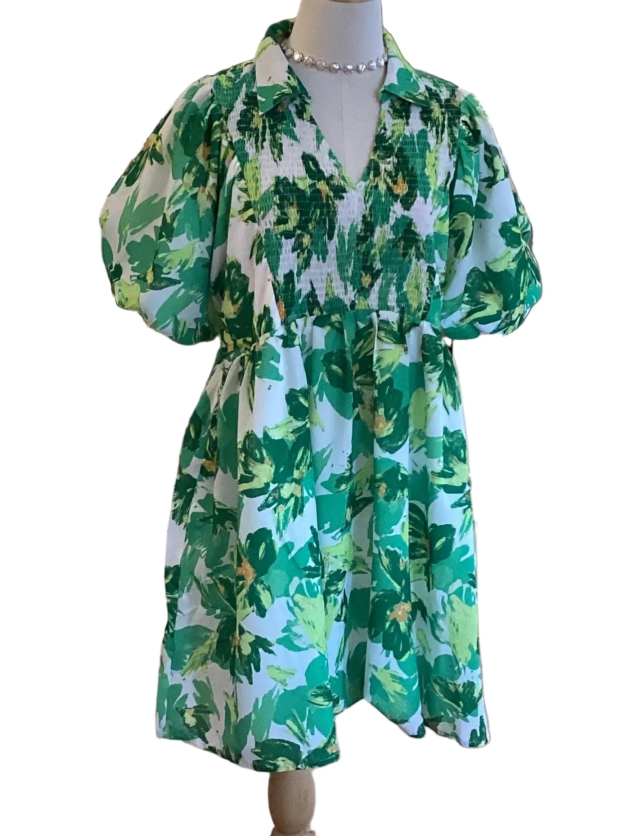 Jodifl white & green dress with smocked top