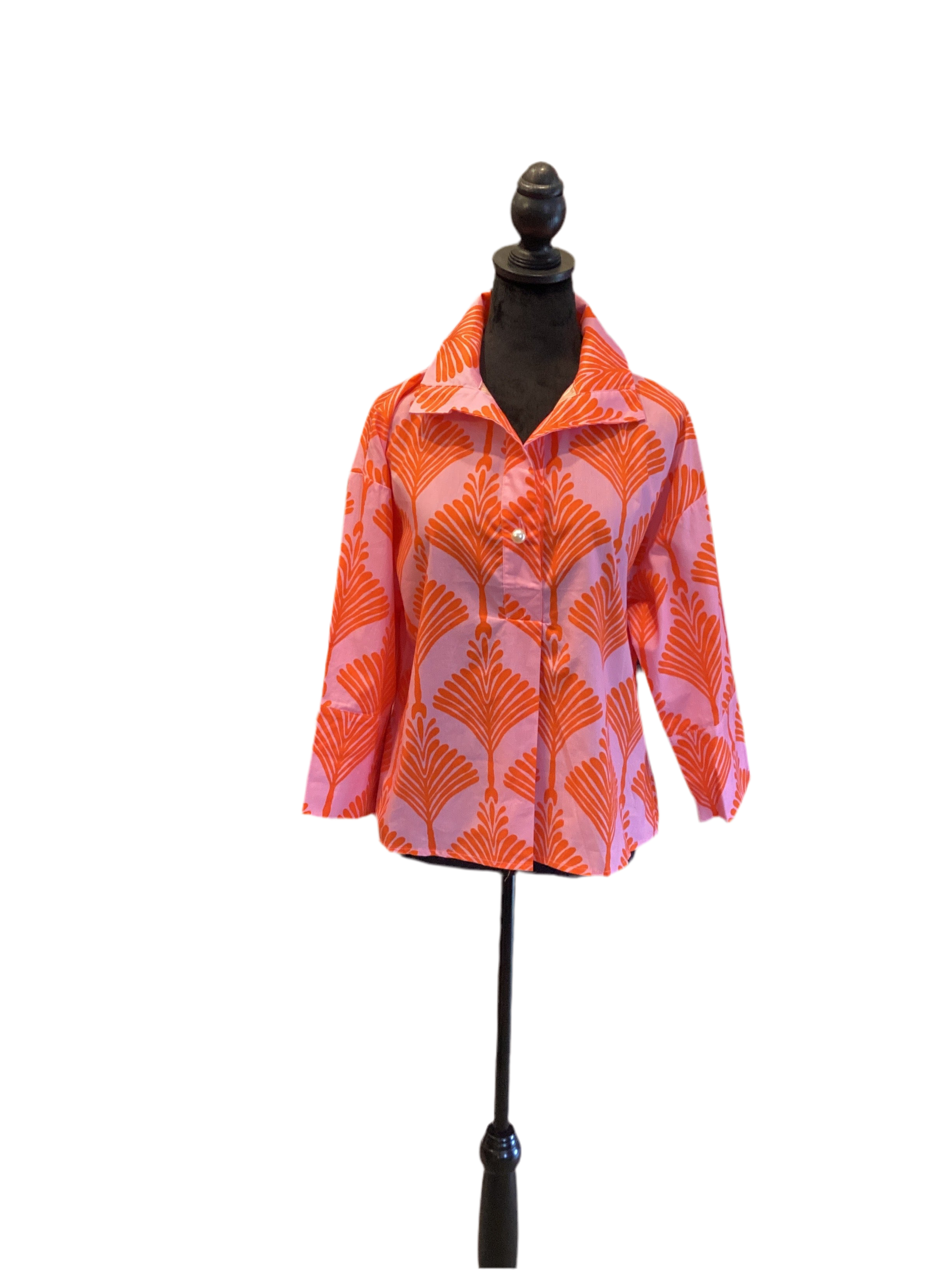 Jodifl pink orange palm print 3/4 sleeve pearl accent top