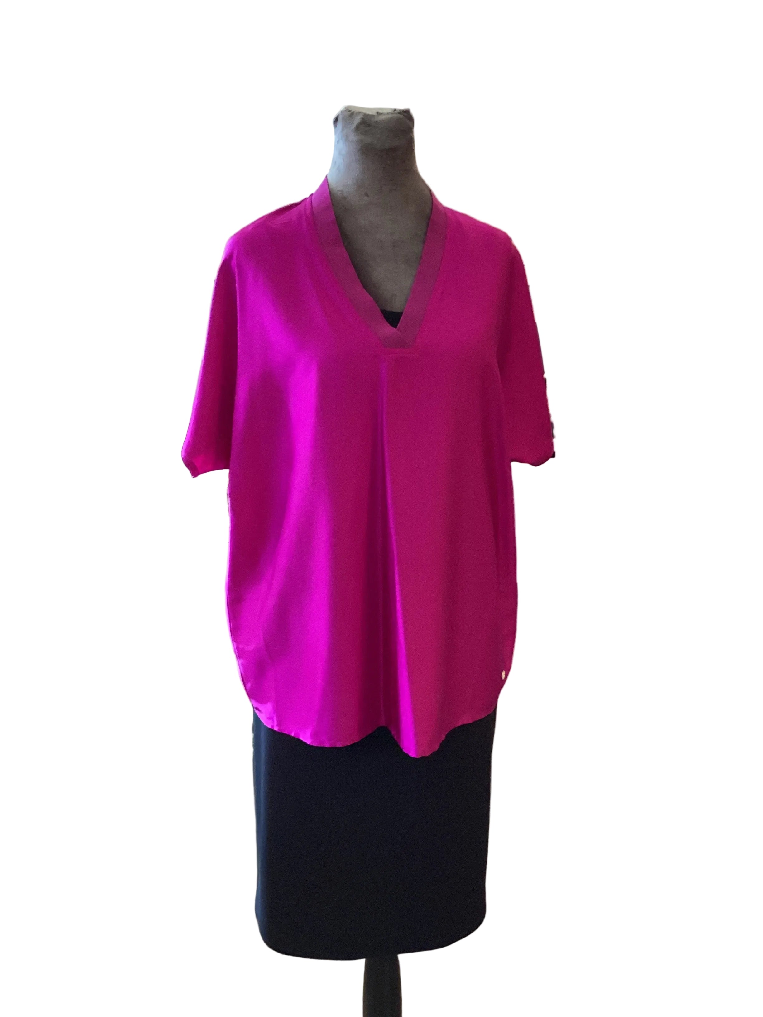 Joseph Ribkoff hot pink satin v neck short sleeve tunic