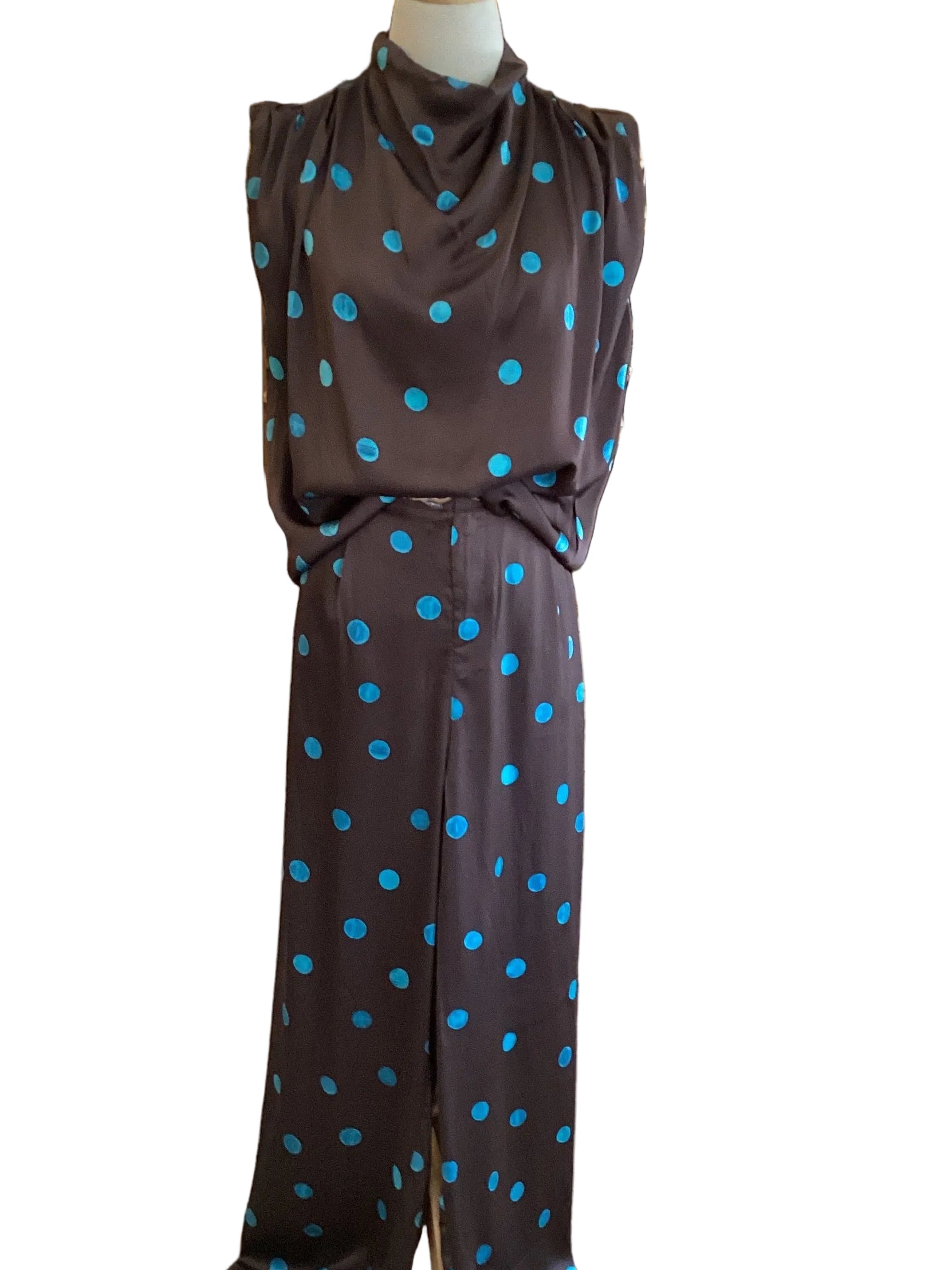 Glam brown cowl neck sleeveless top with turquoise polka dots