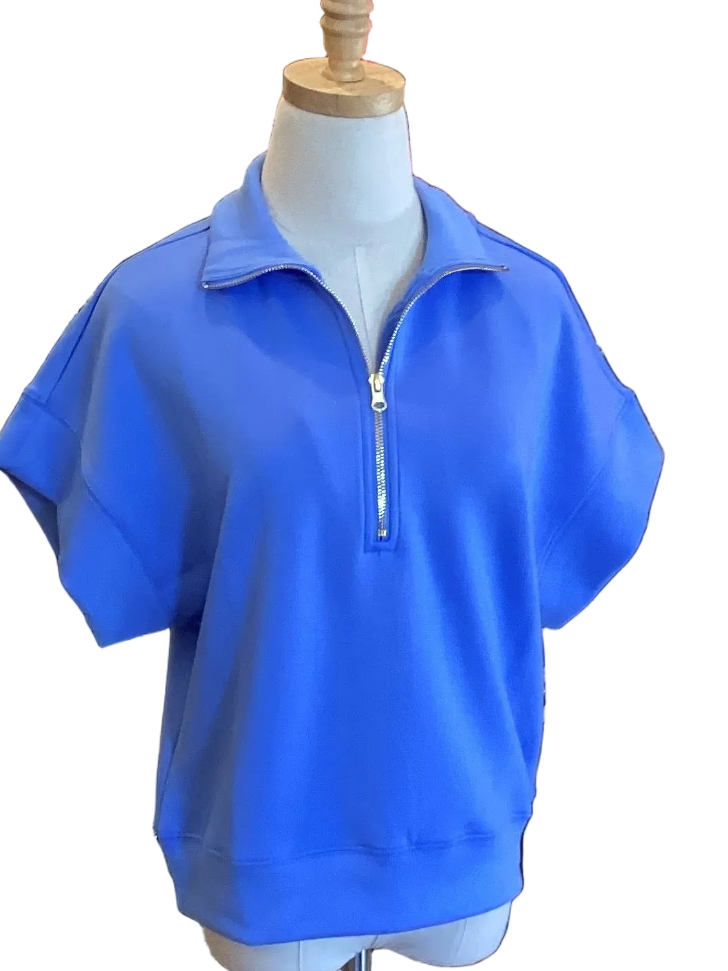 Zenana cornflower blue high neck half zip short sleeve pullover