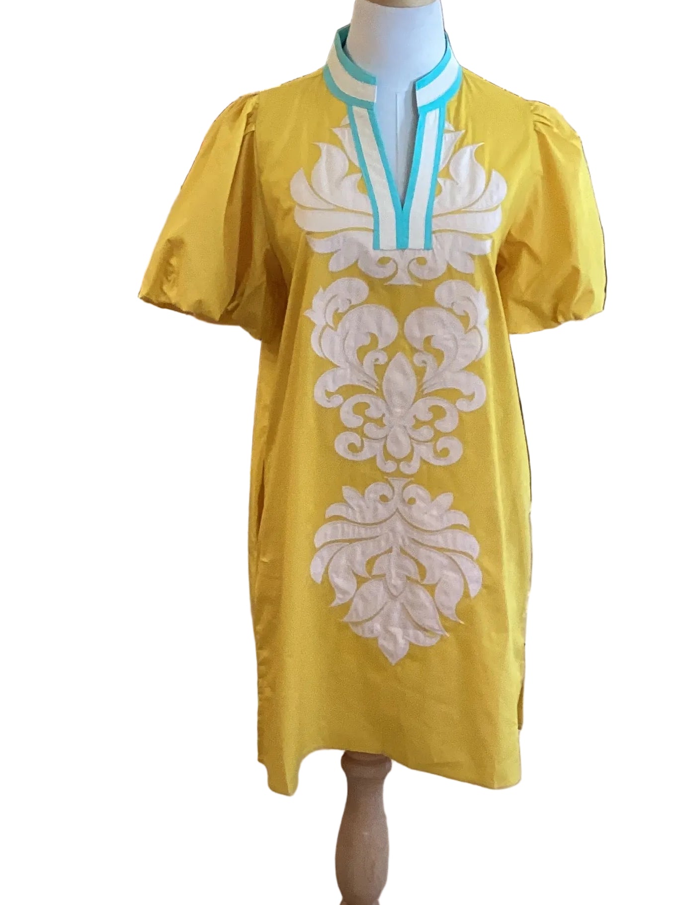 Jodifl yellow puff sleeve dress with applique & teal trim