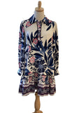 Jodifl blue pink flowered long sleeve dress with bottom ruffle