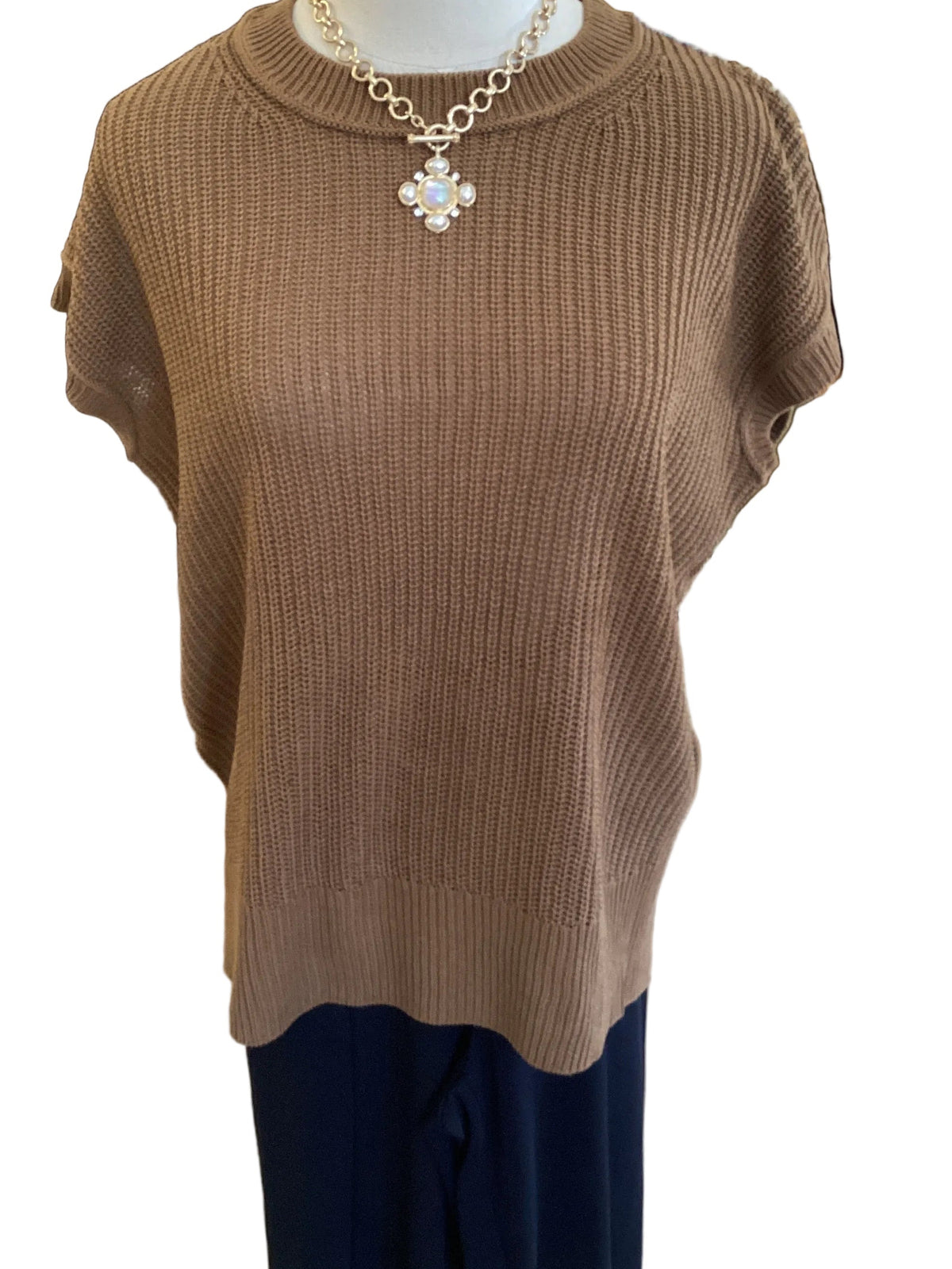 Zenana deep camel cap sleeve round neck sweater