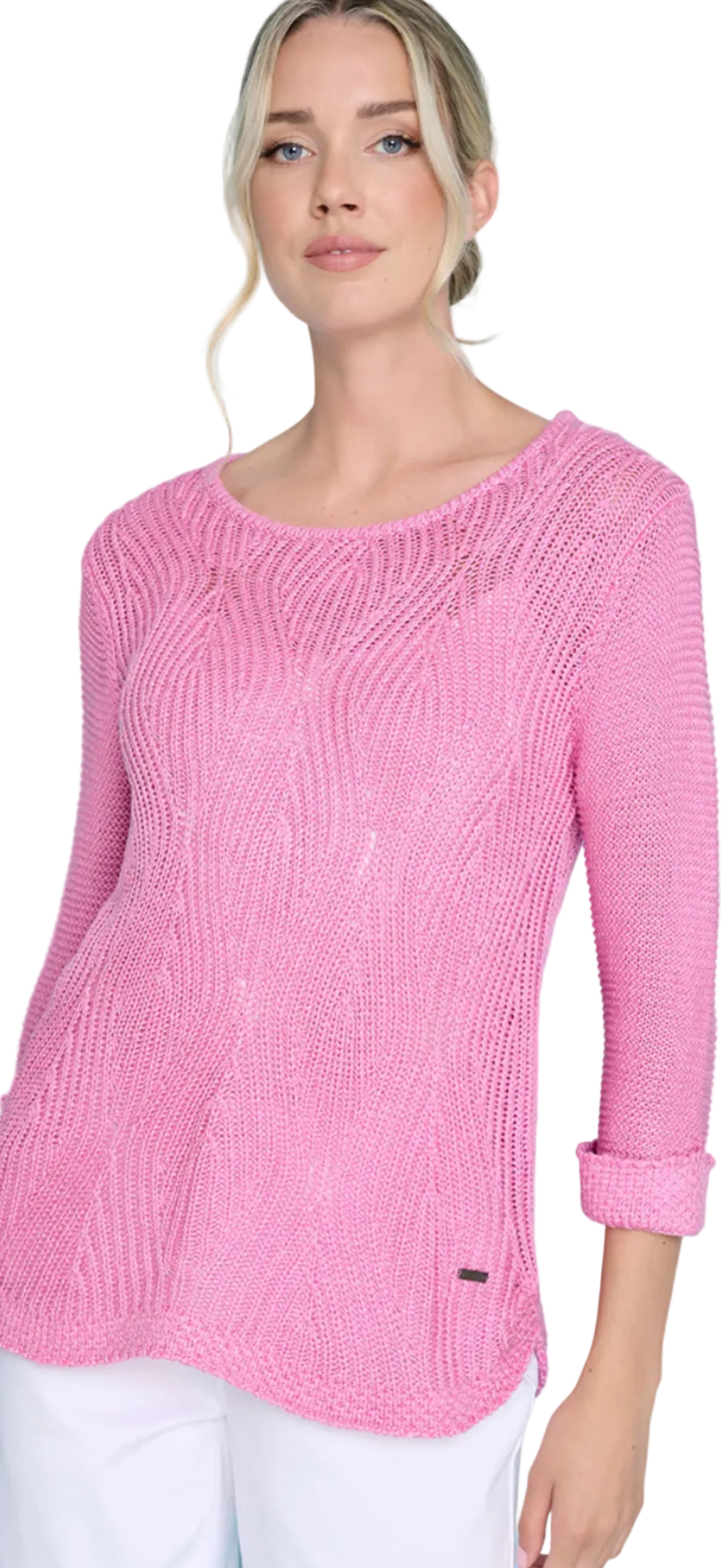 Picadilly pink curved hem 3/4 sleeve knit top