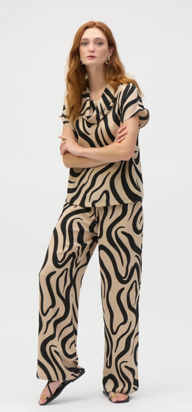 Joseph Ribkoff Beige/Black Abstract Print Cowl Neck Top