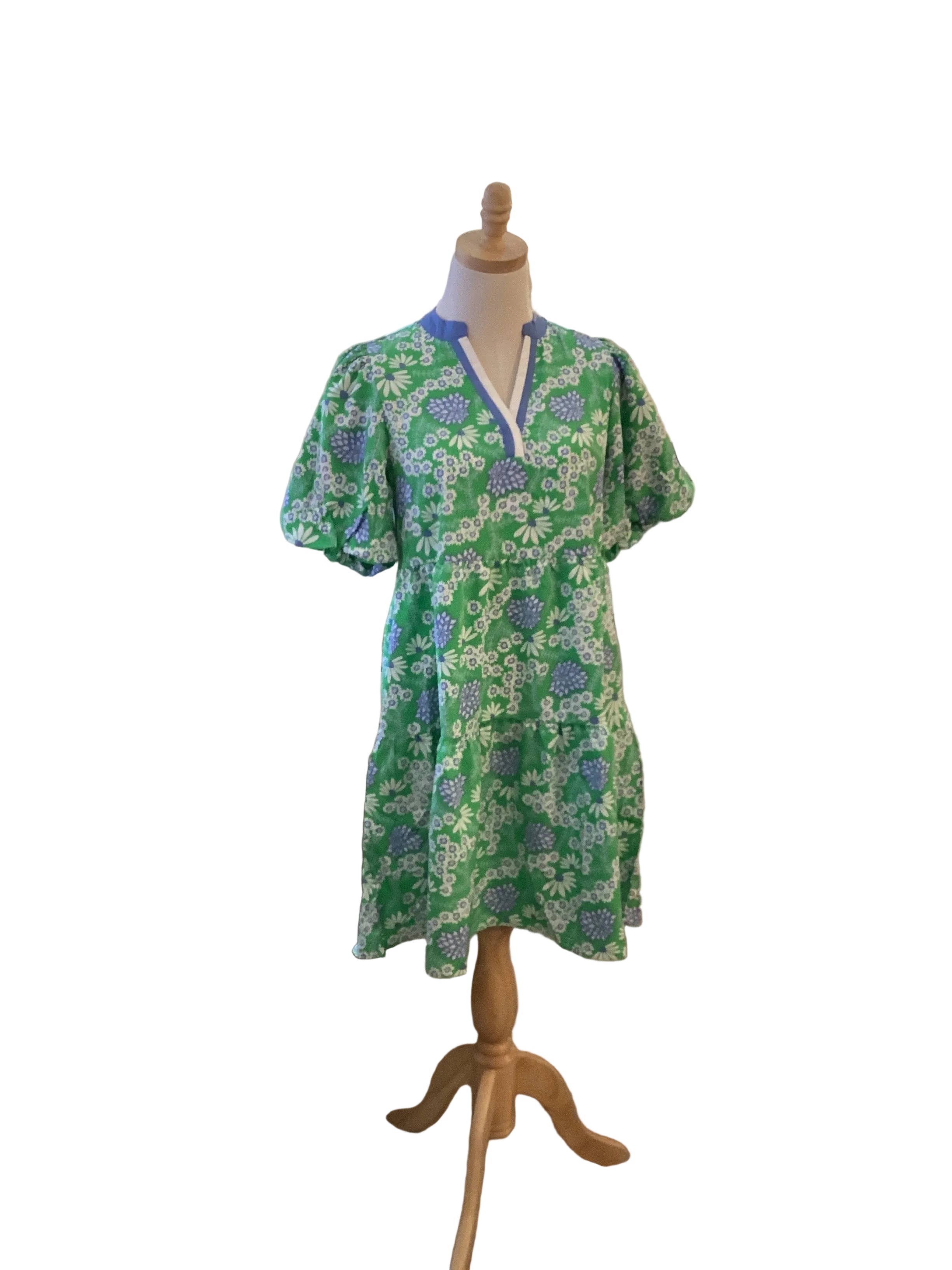 Mary Square green blue flowered v neck puff sleeve bottom ruffle dress