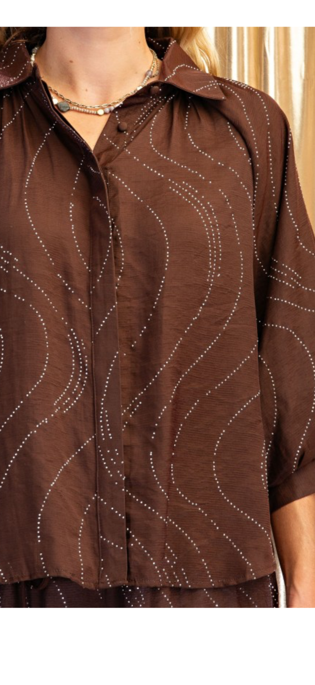 Gigio espresso, rhinestone button up top with balloon sleeve