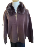 Tahari chocolate jacket with full fur collar ￼
