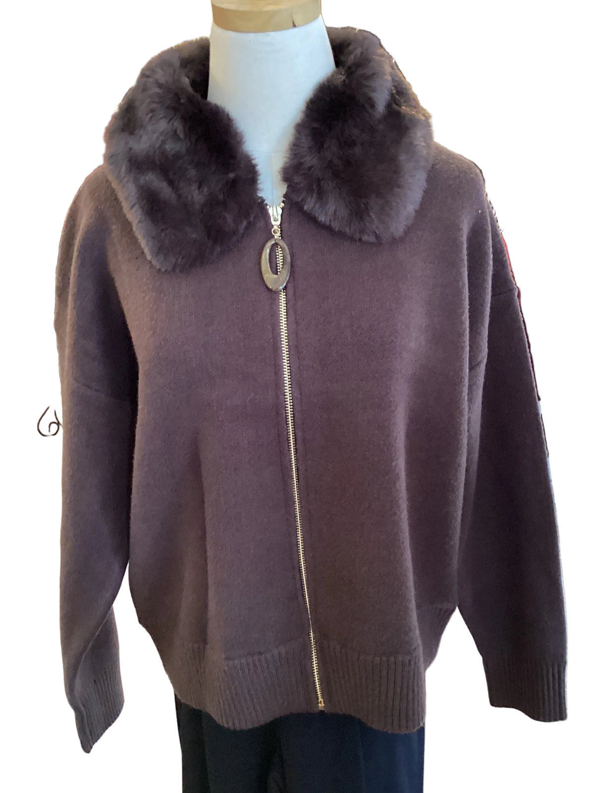 Tahari chocolate jacket with full fur collar ￼