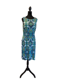 Joseph Ribkoff blue green teal sleeveless dress with sequin accent