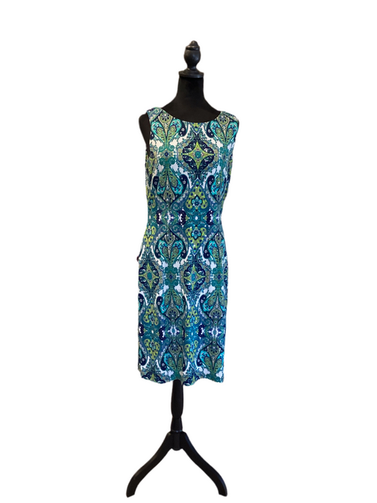 Joseph Ribkoff blue green teal sleeveless dress with sequin accent