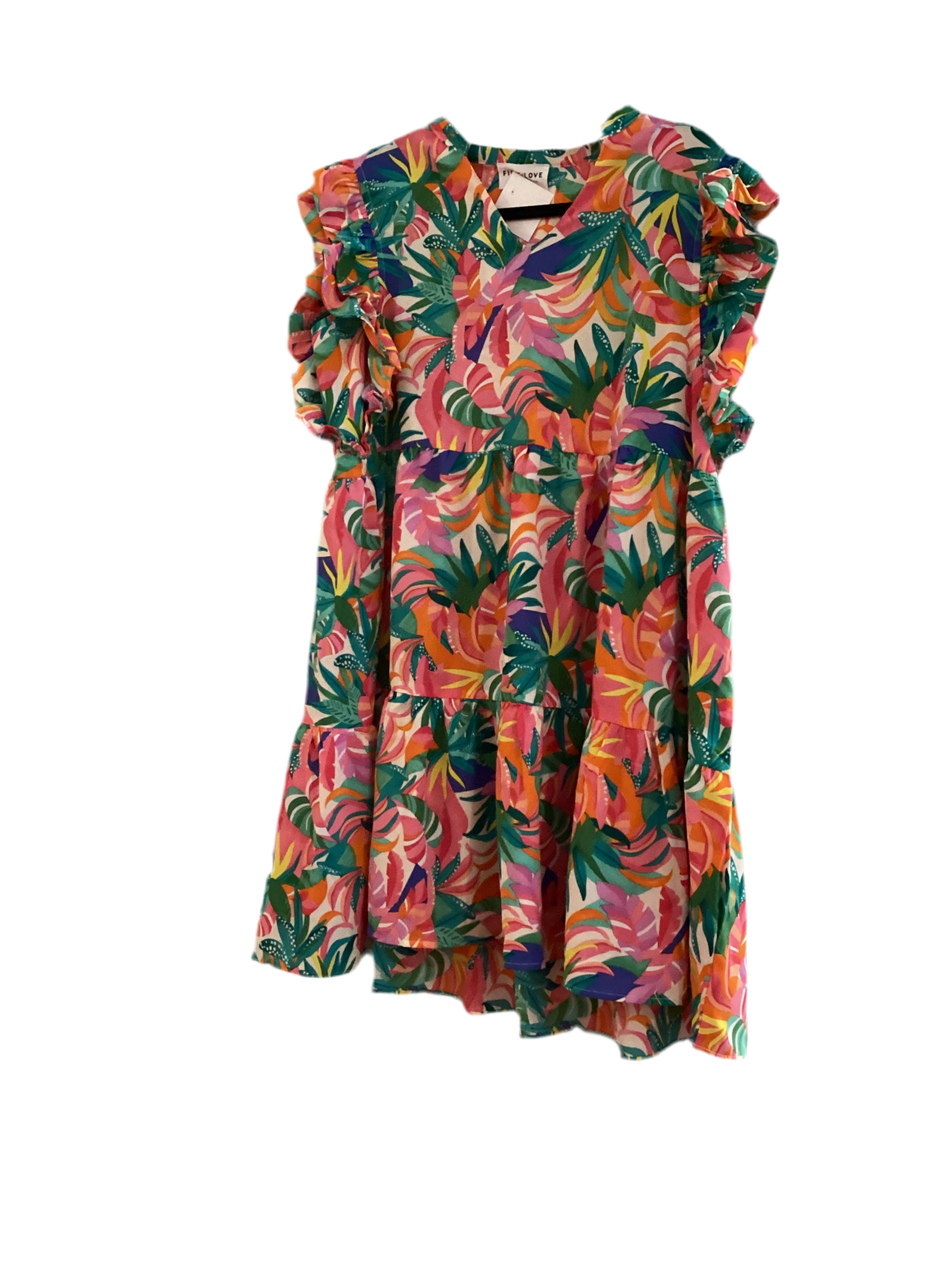 First Love multi color tropical dress with ruffle cap sleeve