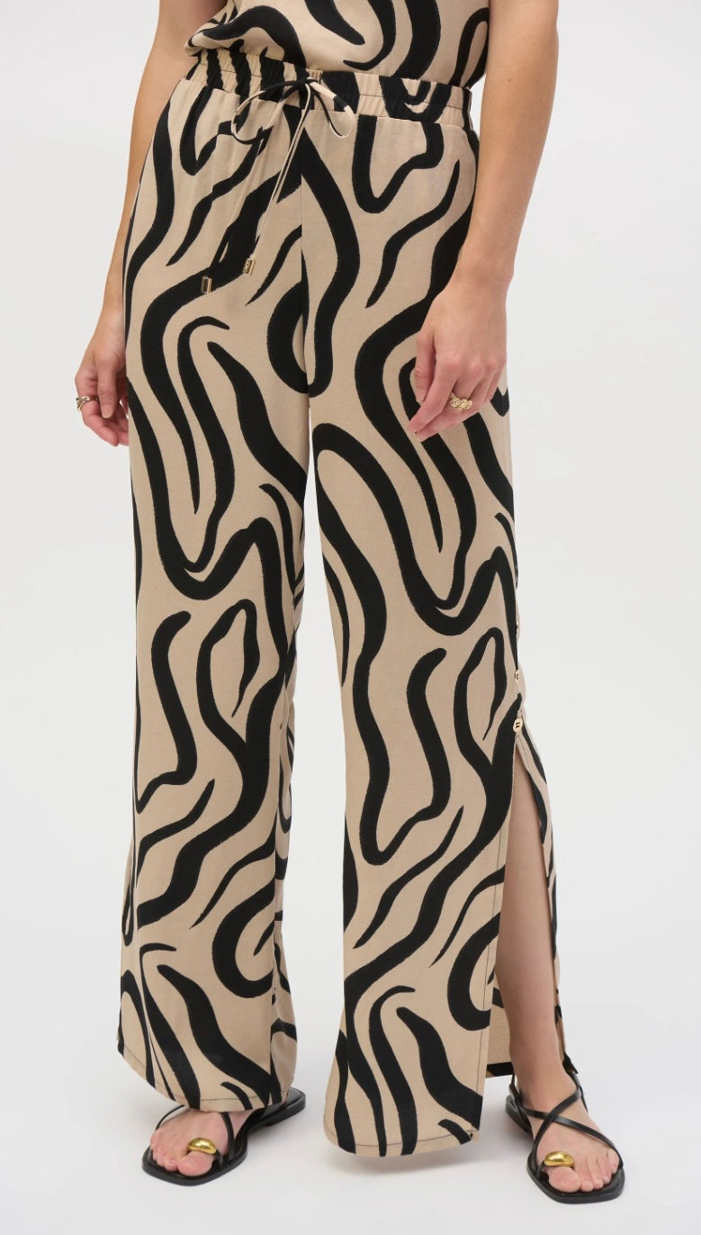 Joseph Ribkoff Beige/Black Abstract Print Wide Leg Pant