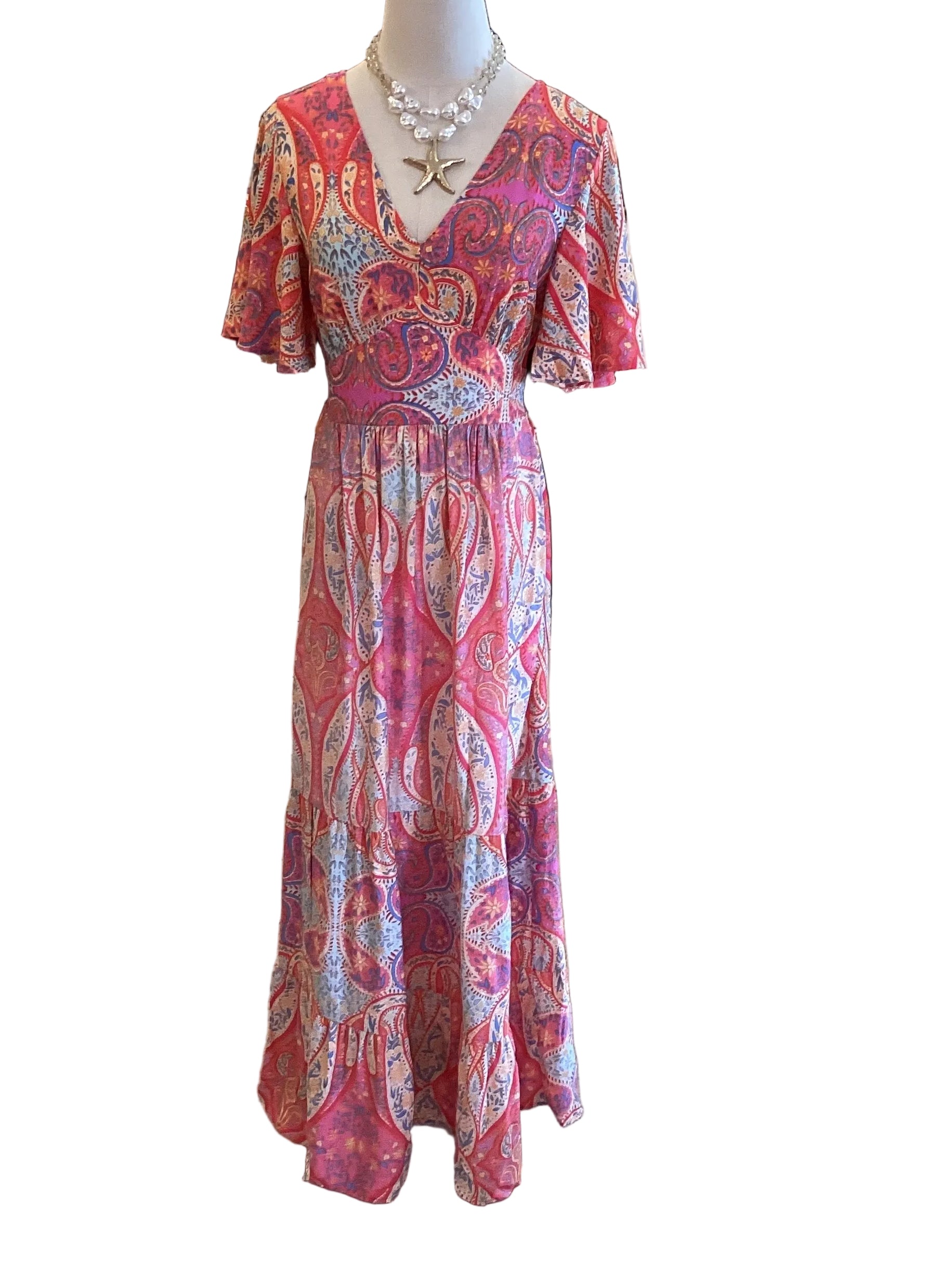 Shewin Multicolor Paisley Print Flutter Sleeve Maxi Dress
