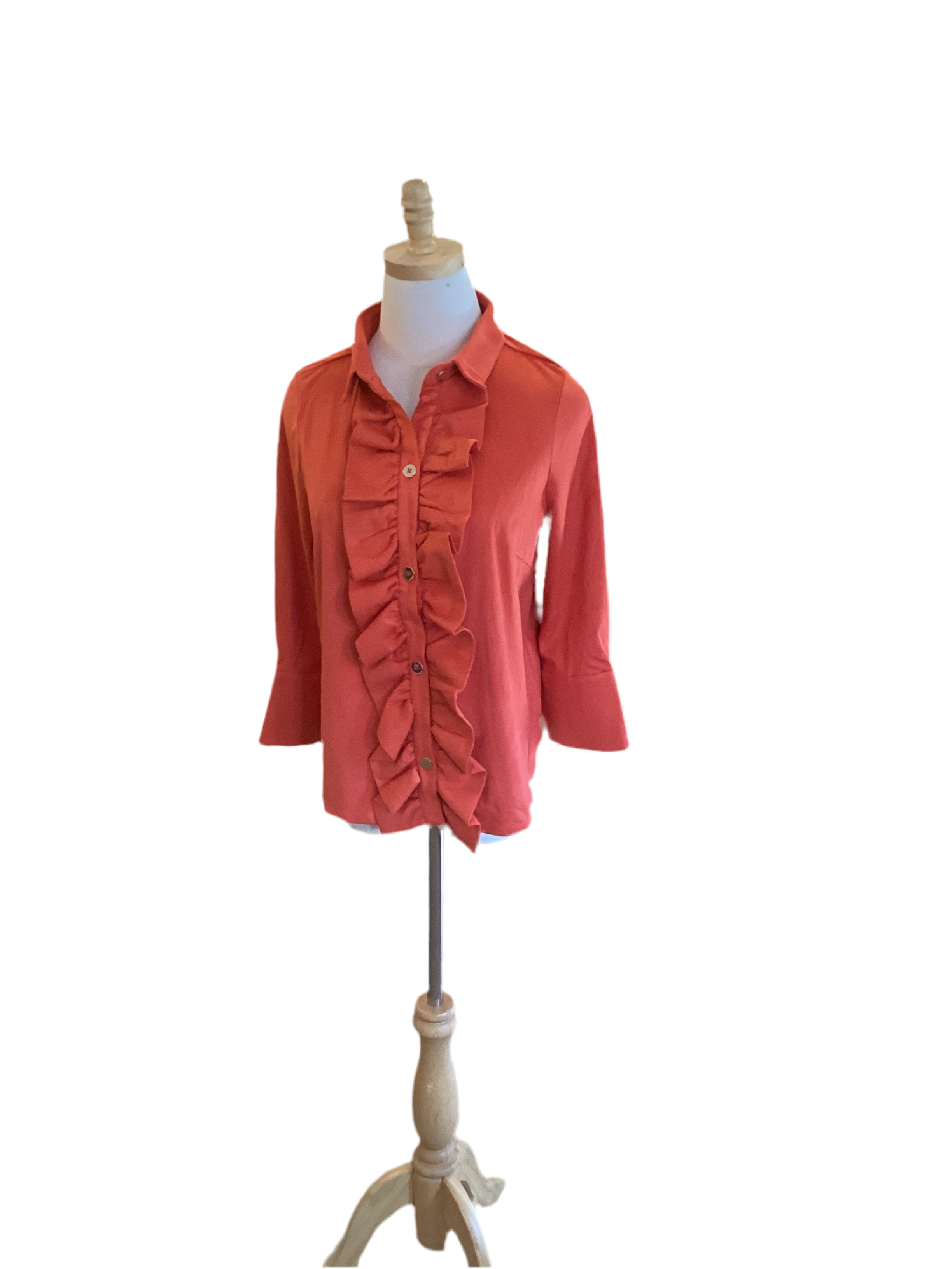 Gretchen Scott orange suede feel 3/4 sleeve button down ruffle top