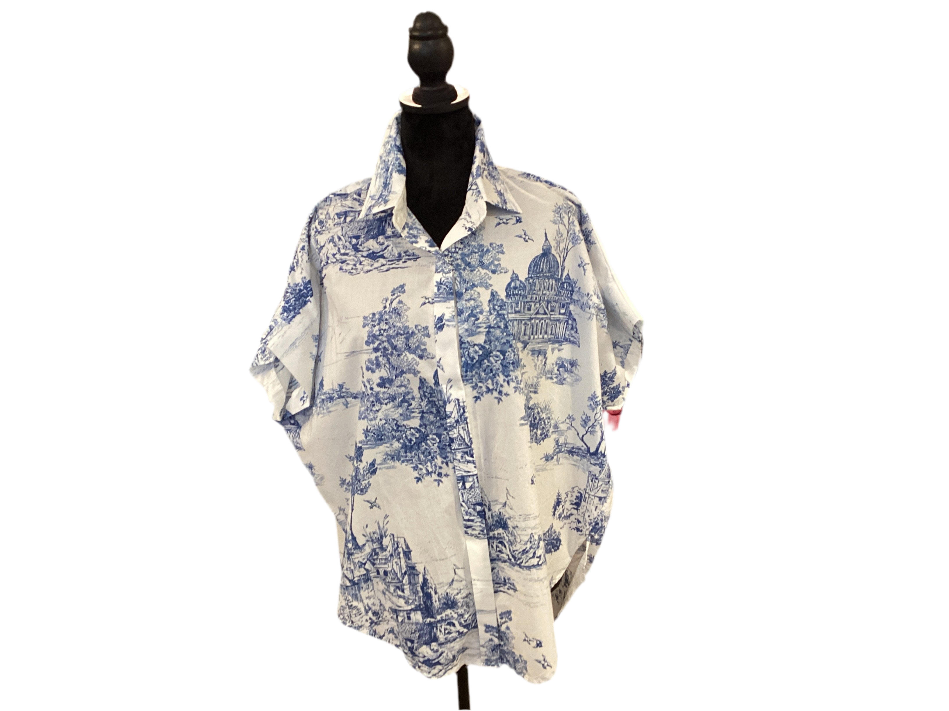 Blue white European print top