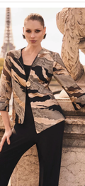 Frank Lyman black gold taupe foil print hip length swing jacket