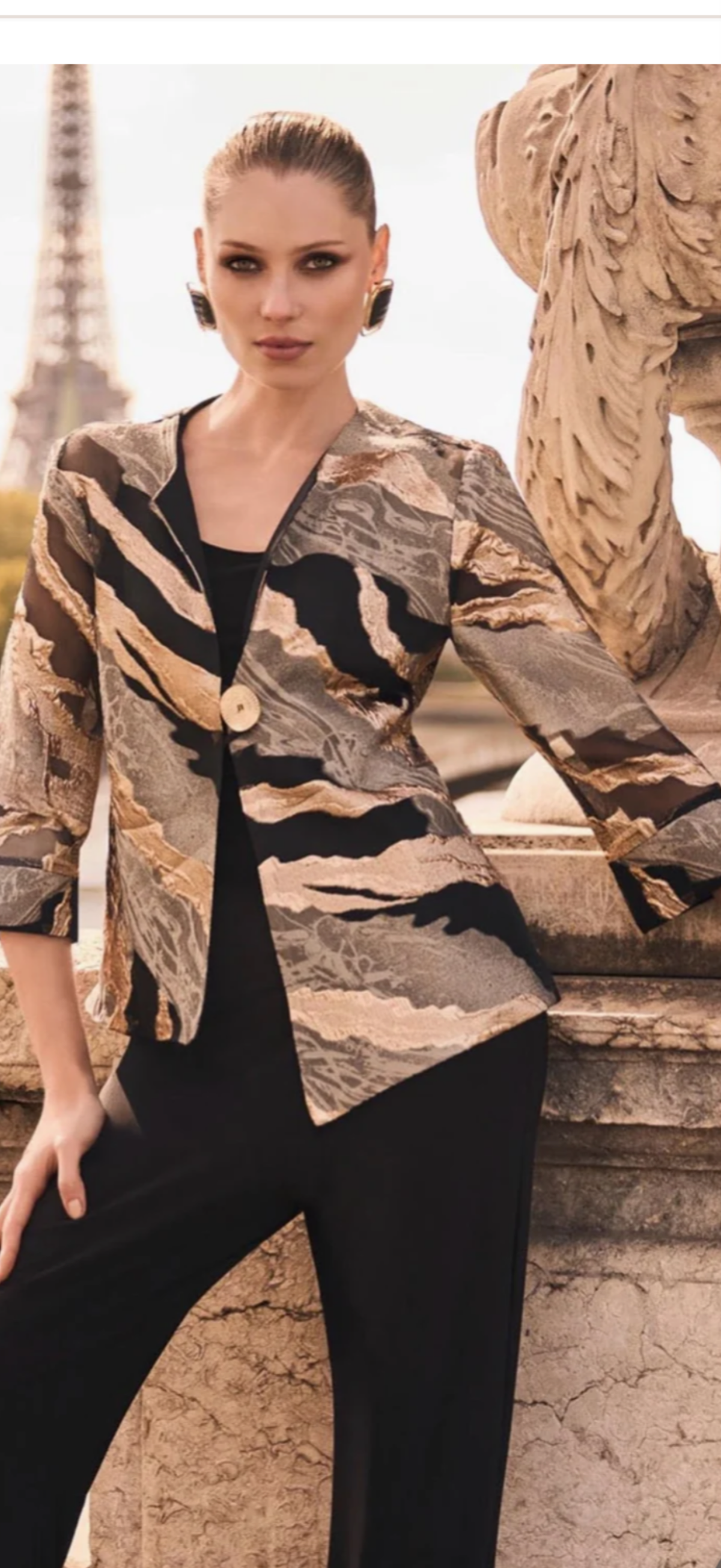 Frank Lyman black gold taupe foil print hip length swing jacket