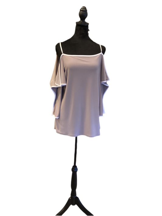 Frank Lyman taupe with white trim cold shoulder top
