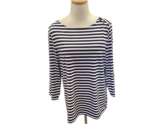 Jones of NY navy stripe long sleeve top with shoulder button accent.