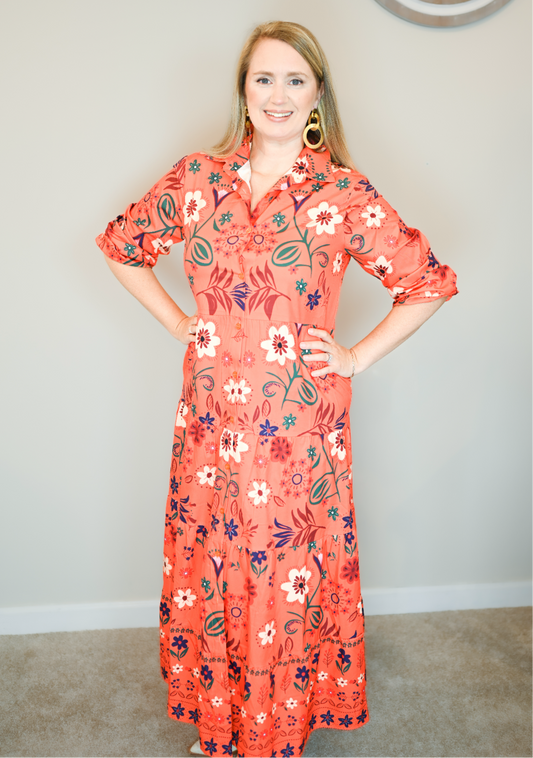 Orange floral tiered dress