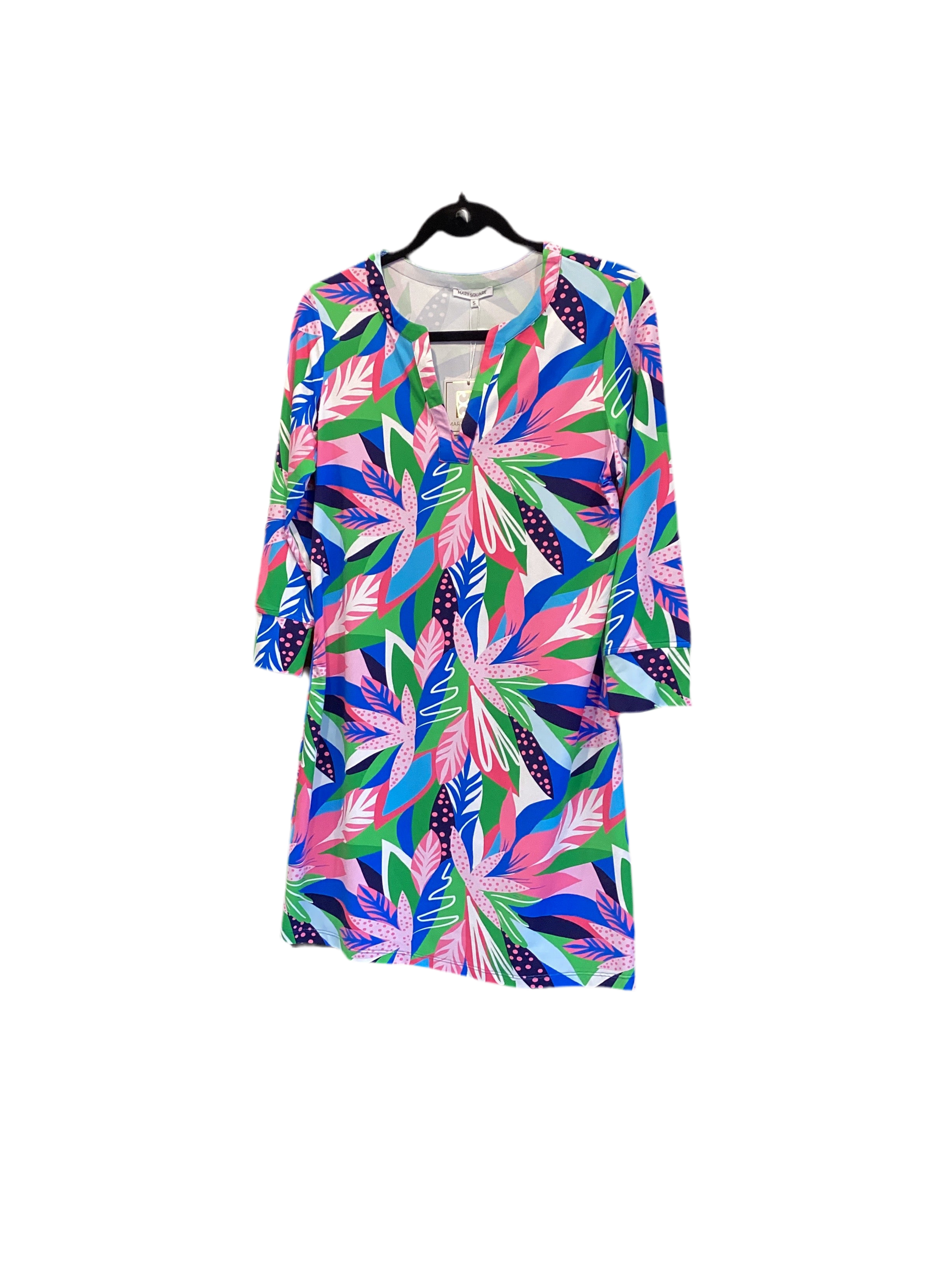Mary Square pink blue green palm print 3/4 sleeve dress