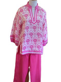 Jodifl Pink Print 3/4 Sleeve V-Neck Puff Sleeve Top