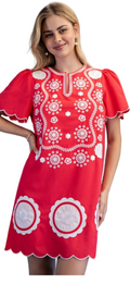 Gigio Coral Linen Embroidered Short Sleeve Dress