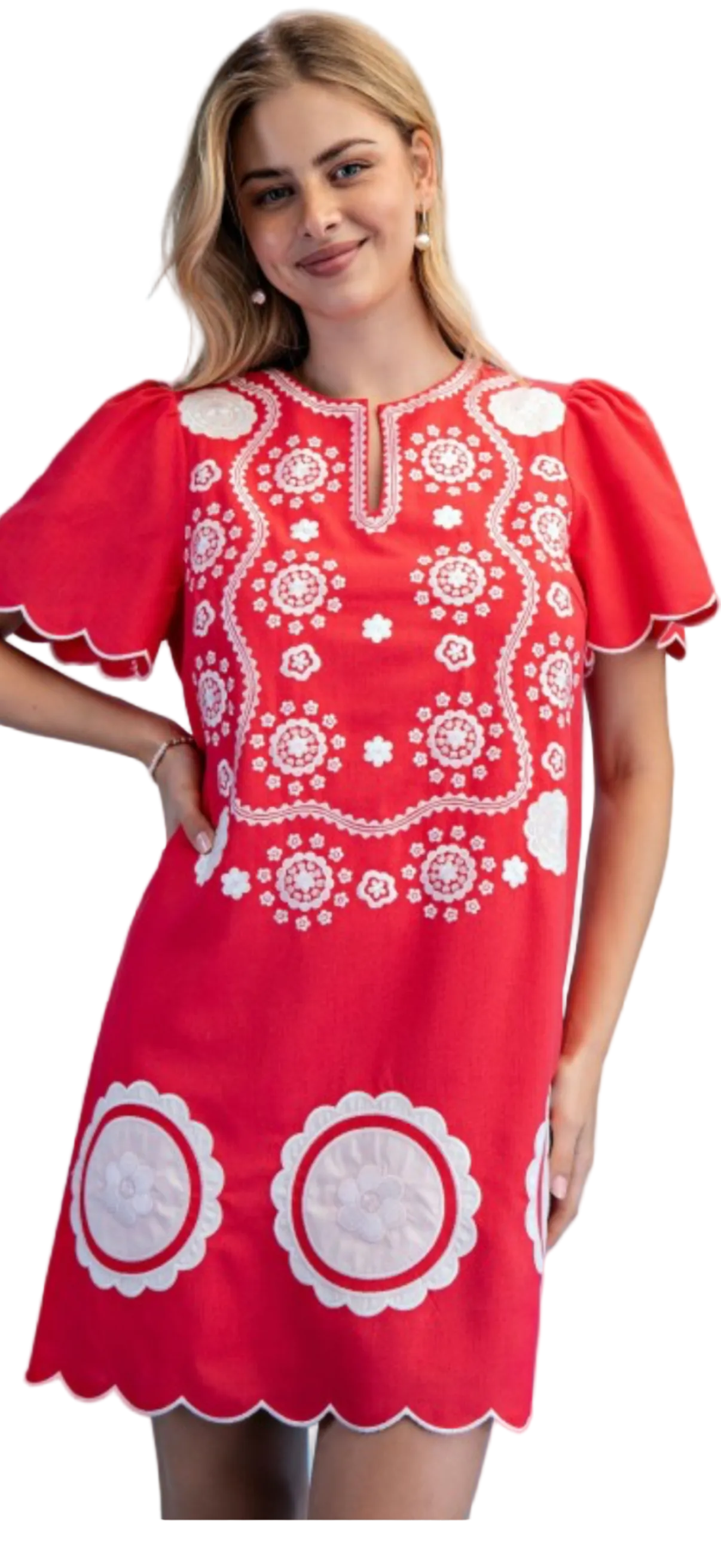 Gigio Coral Linen Embroidered Short Sleeve Dress
