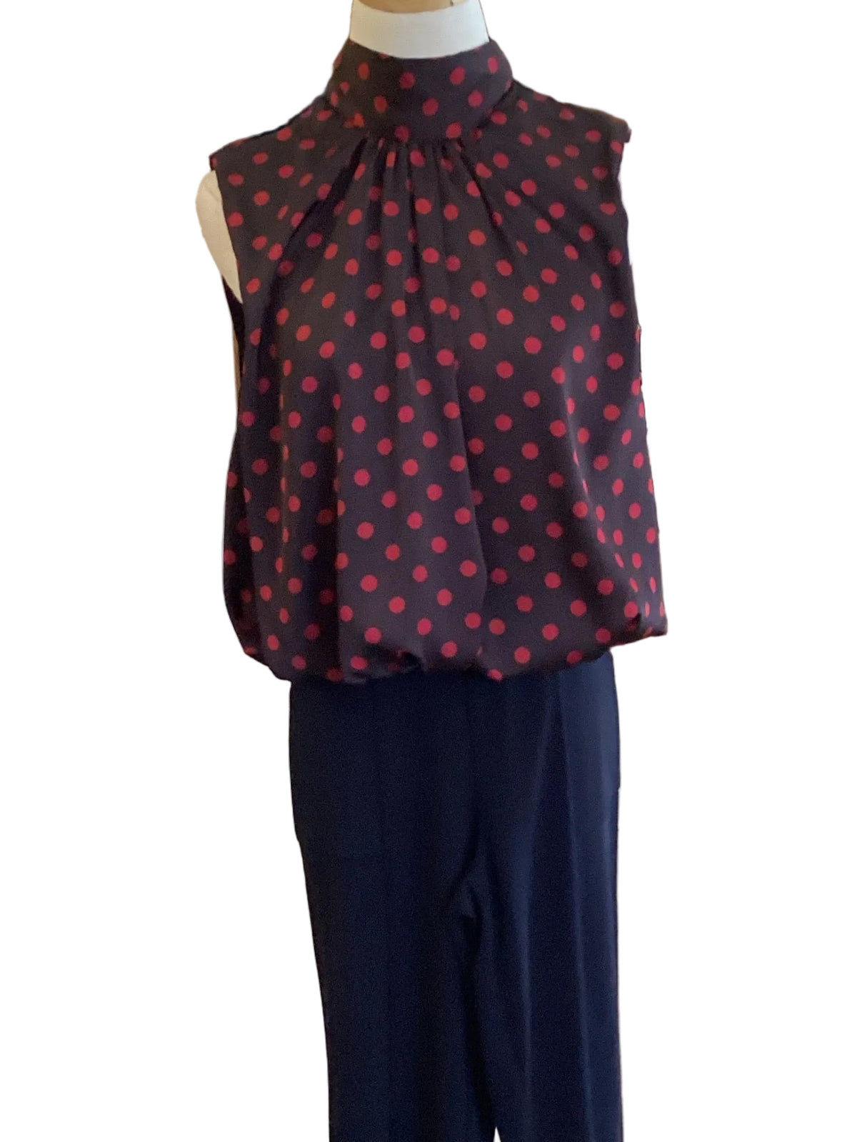 Entro brown with red polka dot sleeveless mock tie neck back bow bubble top