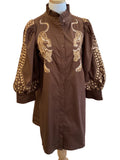 Jodifl brown, long sleeve button-down, ruffle neck dress with embroidered leopard detail