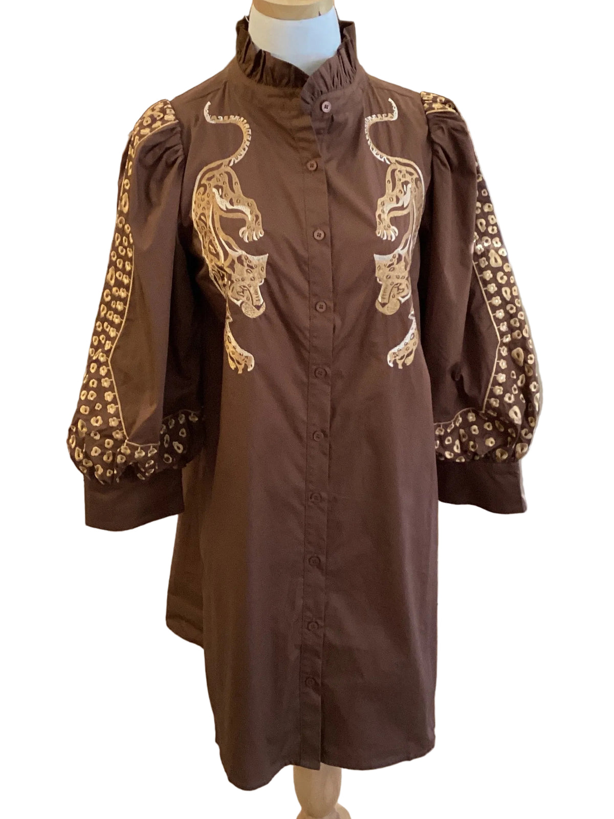 Jodifl brown, long sleeve button-down, ruffle neck dress with embroidered leopard detail