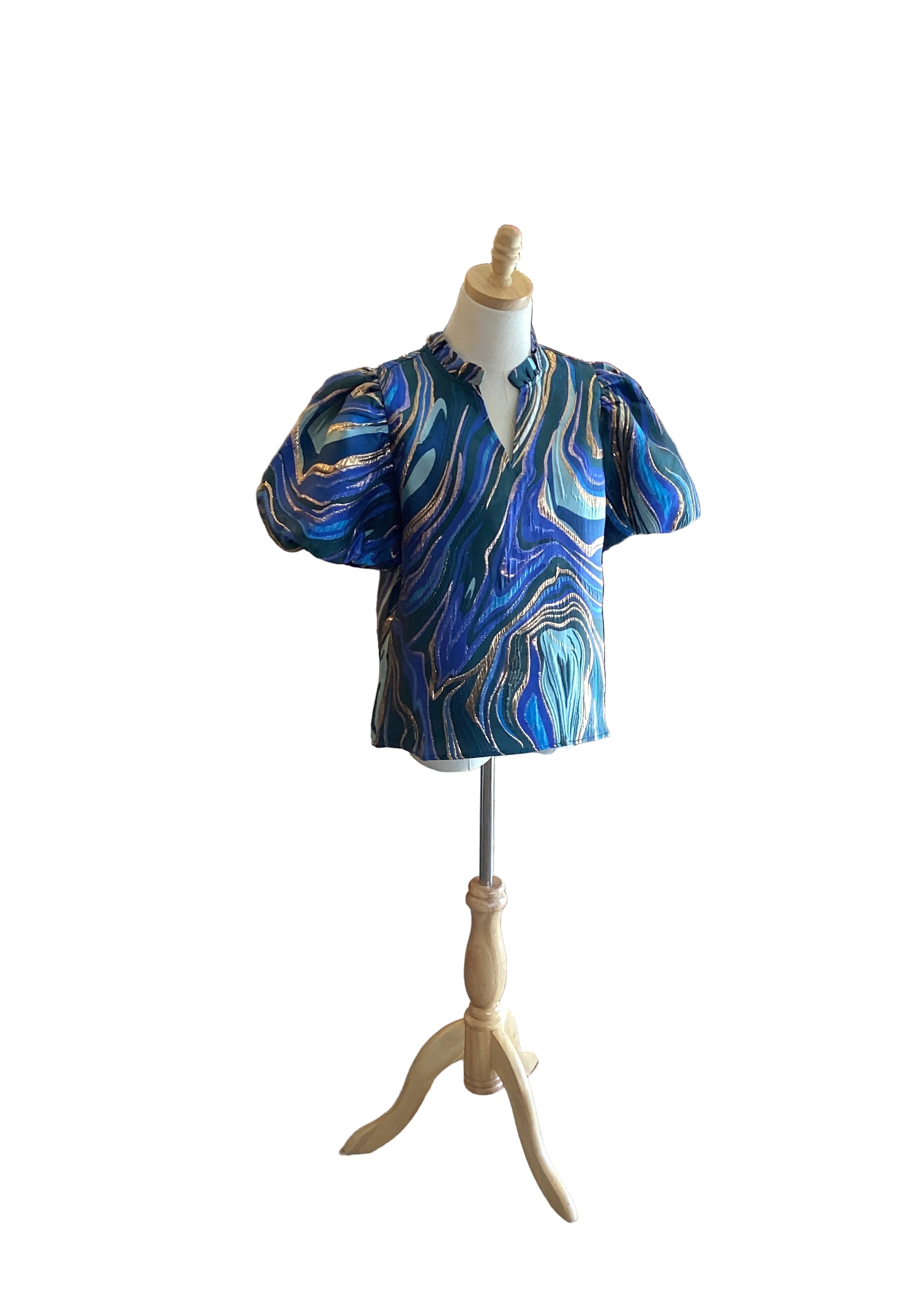 Jodifl royal mix blue green gold top with puff sleeve