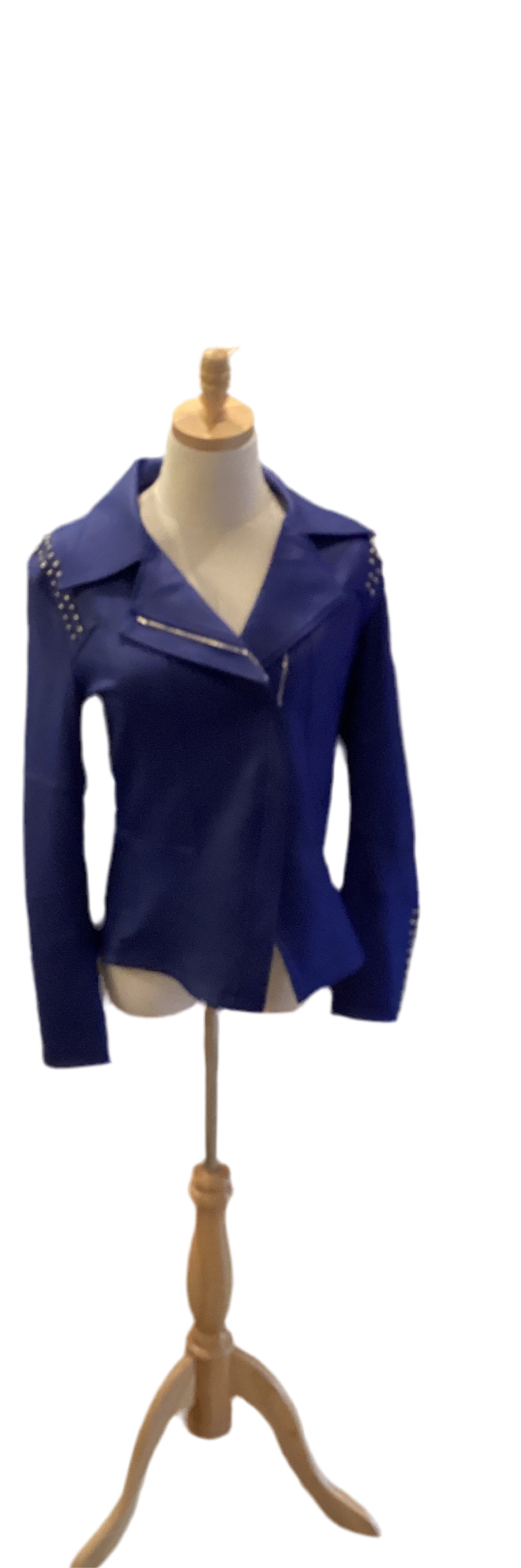 Clara Sunwoo cobalt blue “leather” jacket with black stud accent