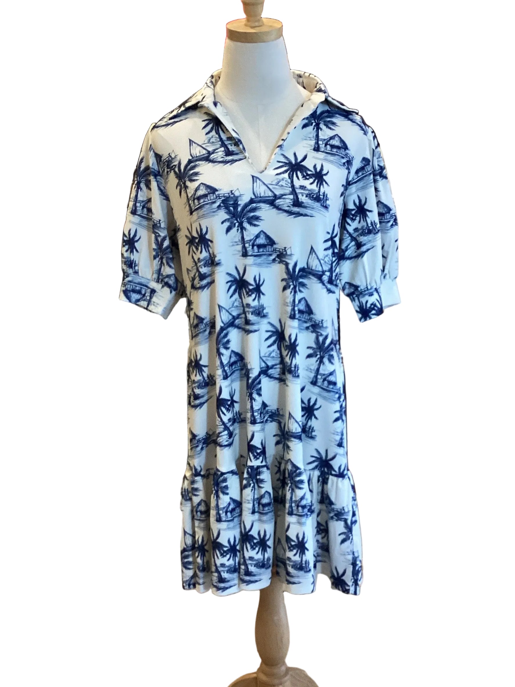 Lior navy / ivory palm print v neck short sleeve bottom ruffle dress