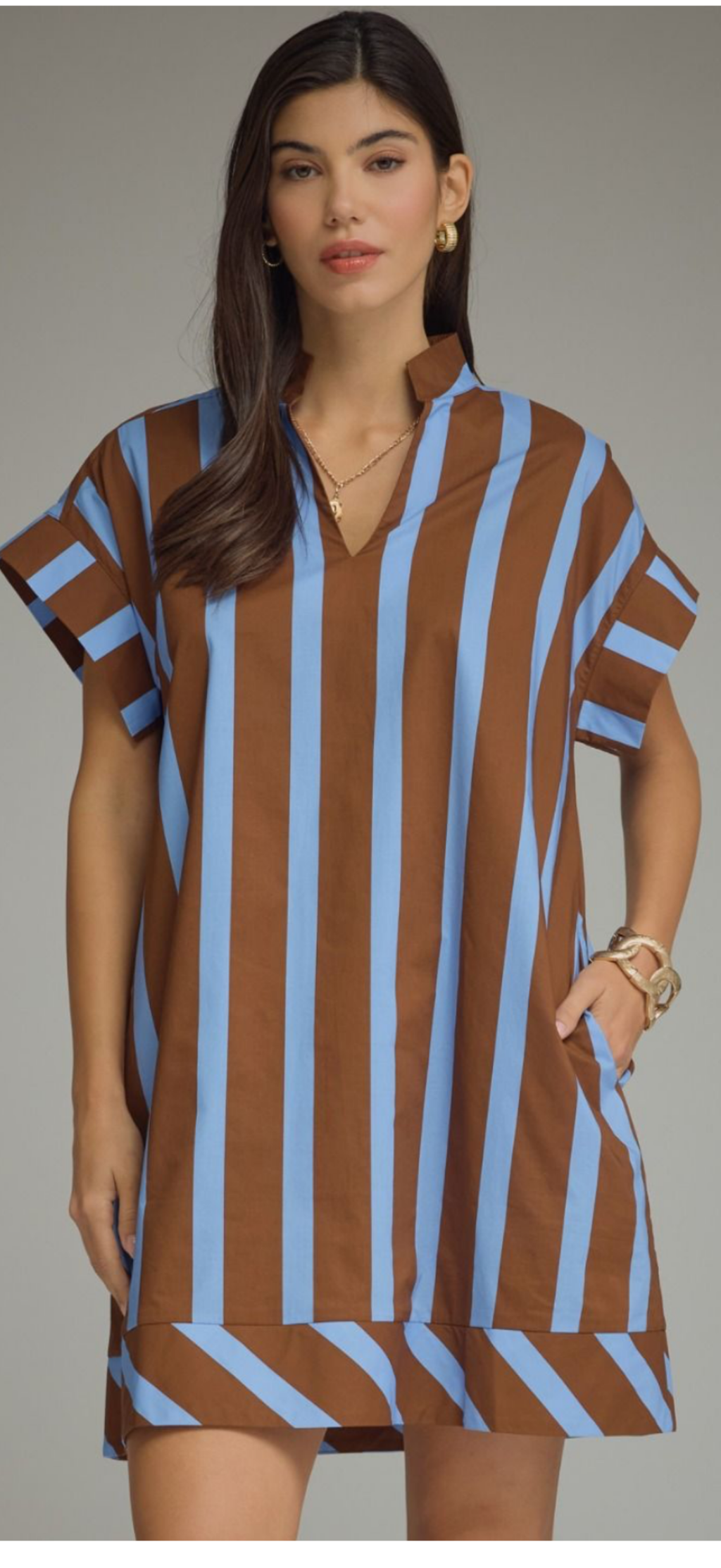Entro brown/blue stripe v neck, cape sleeve dress
