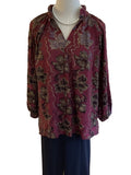Umgee Merlot / black velvet split neck Ragland 3/4 puff sleeve top with gold thread