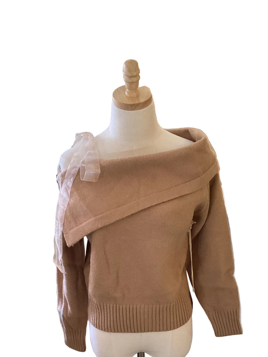 Lumiere taupe off shoulder sweater with one shoulder tie