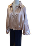 Gigio champagne satin bomber jacket with bubble hem and sleeve