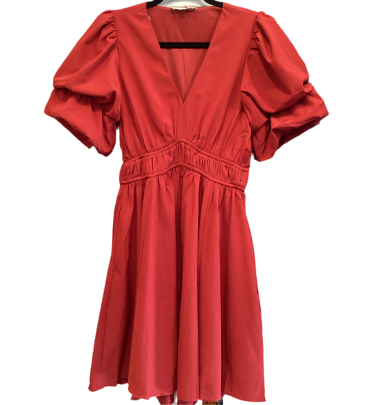 Short red dress with tiered puff sleeve