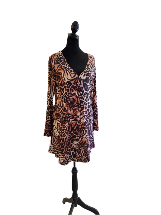 Yelete long sleeve v neck button down animal print dress
