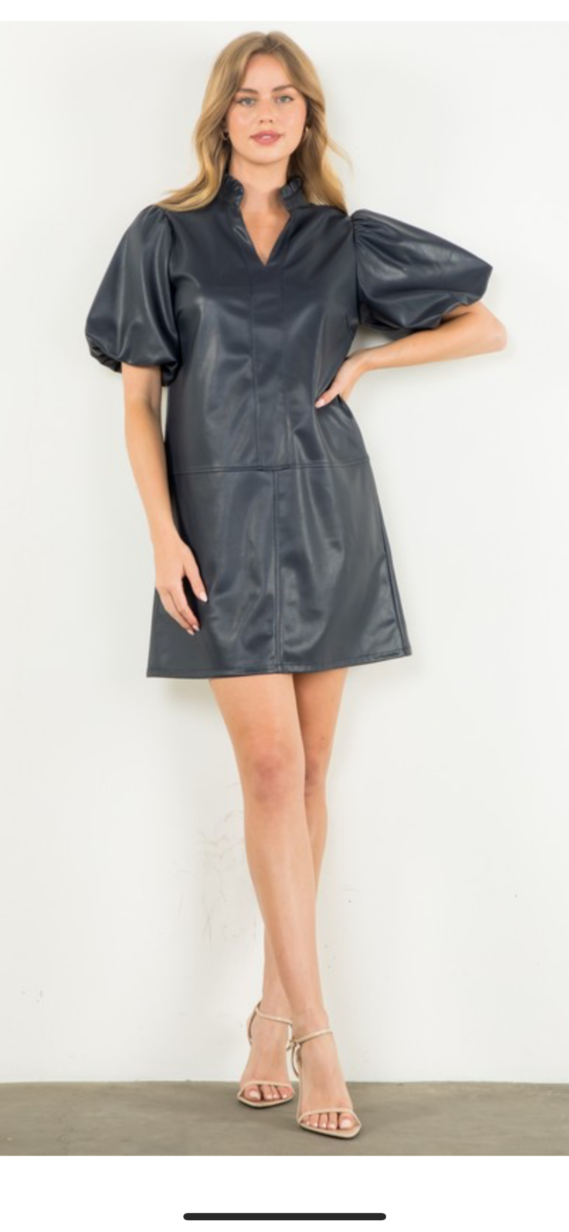 Navy Faux leather puff sleeve dress